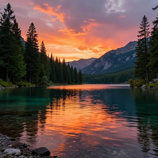 Photograph of a serene lake reflecting a vibrant orange and pink sunset, surrounded by tall pine trees and mountains.