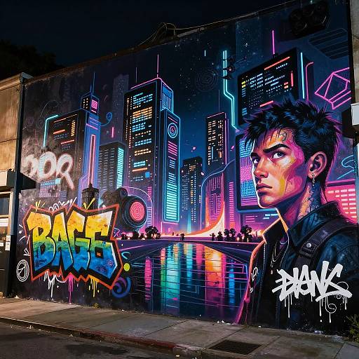 Vibrant digital graffiti mural of a neon-lit cityscape with a detailed, illuminated male face beside colorful 