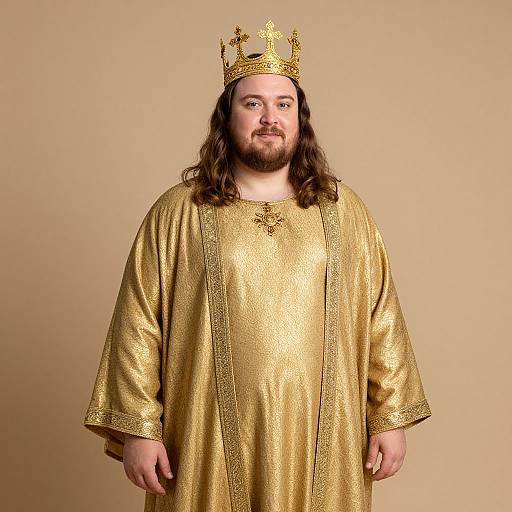 Photograph of a bearded man with long brown hair, wearing a gold crown and matching gold robe, against a plain beige background.