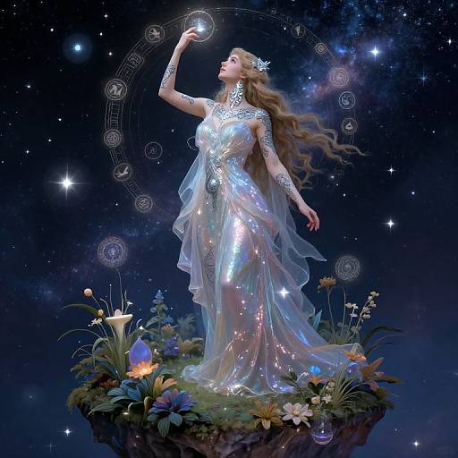 Magical woman in a shimmering, silver gown with long, flowing hair, holding a glowing star, standing on a floating floral island in a cosmic