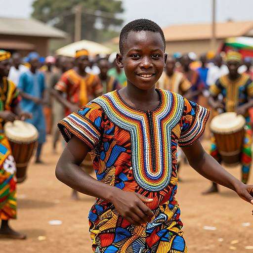 Photograph of a smiling young African girl with dark skin, wearing a vibrant, multicolored, patterned dress, dancing outdoors with drummers in
