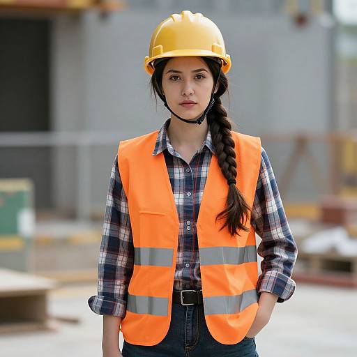Photograph of a young woman with long black braid, wearing a yellow hard hat and bright orange safety vest over a plaid shirt, standing on