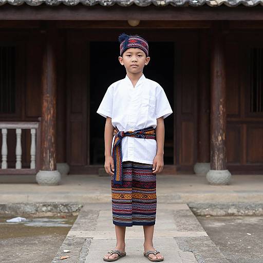 Photograph of a young Asian boy in traditional white shirt and colorful striped skirt, wearing a patterned headband, standing in front of a wooden traditional