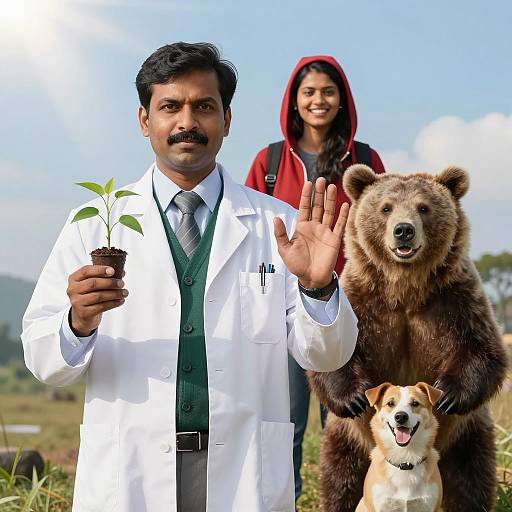 Cheerful Scientist with Animal Friends