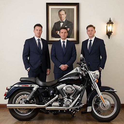 Photograph of three men in black suits, standing behind a shiny black motorcycle, with a framed portrait of an older man above.