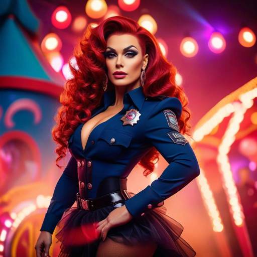 Glamorous Woman and Police Officer with Neon Lights