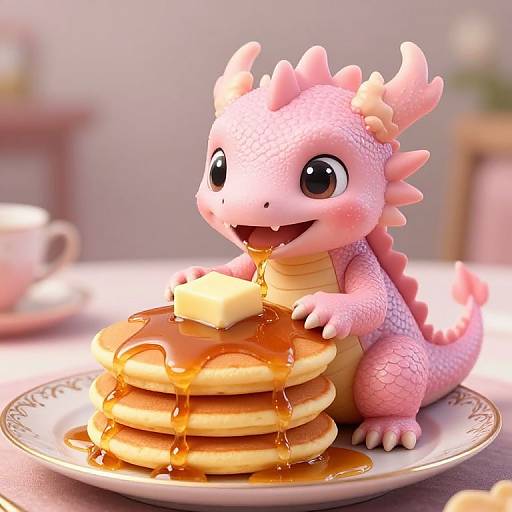 Adorable pink dragon with large eyes and small horns, joyfully pouring syrup over a stack of pancakes with a pat of butter on a white plate.