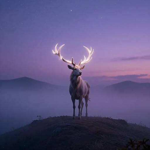 Photograph of a majestic deer with glowing white antlers standing on a misty hilltop at twilight, under a starry purple and pink sky.