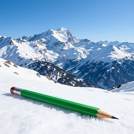 Photograph of a green pencil with a sharpened tip, lying on snow, with a majestic, sunlit mountain range and clear blue sky in the