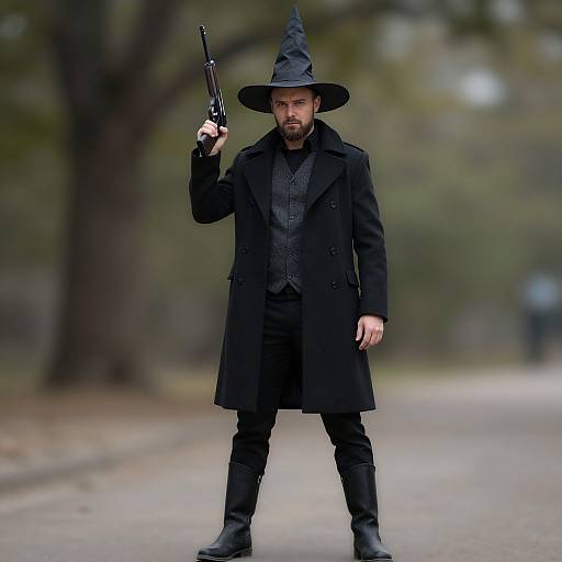 Photograph of a bearded man in a black witch hat, coat, and boots, holding a gun, standing on a blurred outdoor path.