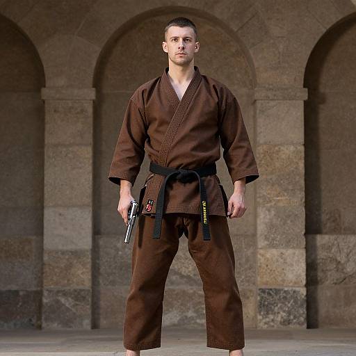 Karate Man with Gun by Stone Wall