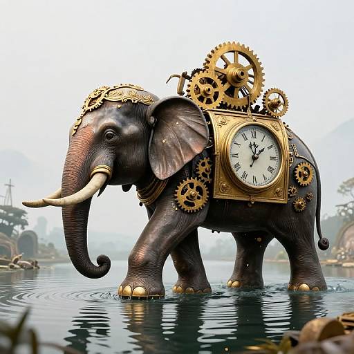 Clockwork Elephant in Surreal Landscape