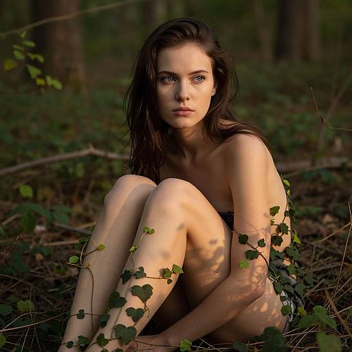 Photograph of a young woman with fair skin and dark brown hair, sitting in a forest, surrounded by green ivy, with dappled sunlight