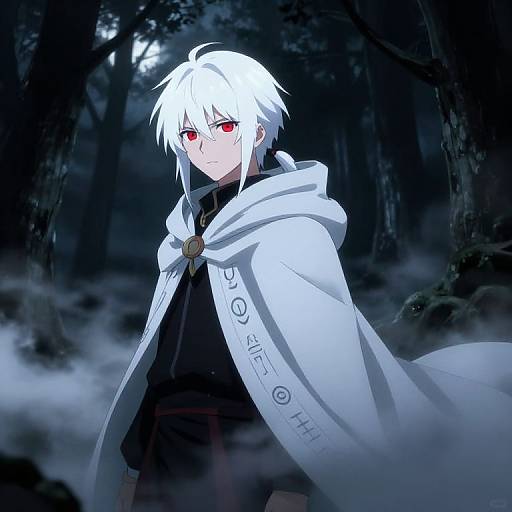 Anime-style digital drawing of a white-haired, red-eyed male character with a white cloak labeled 