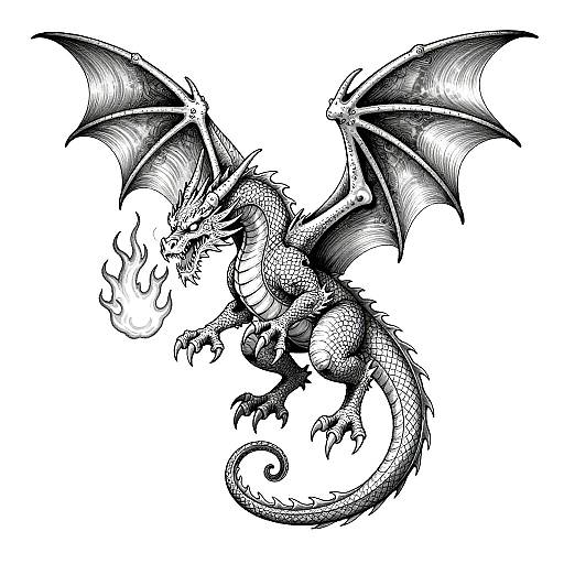 Black-and-white ink drawing of a detailed, fierce dragon with large wings, scales, sharp claws, and a flaming breath, mid-flight.