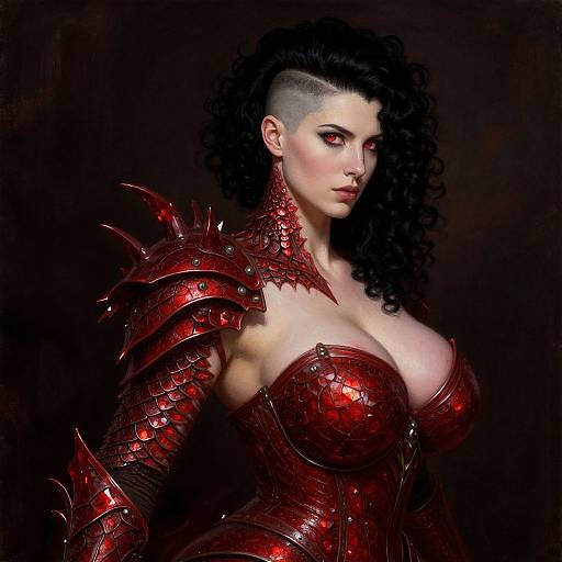 Digital art of a fierce, dark-haired woman with a mohawk, wearing red, spiked, armored breastplate and gauntlets, against a black