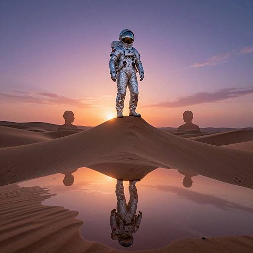 Photograph of an astronaut in a silver spacesuit standing on a dune at sunset, reflected in a puddle, with two distant dune shapes