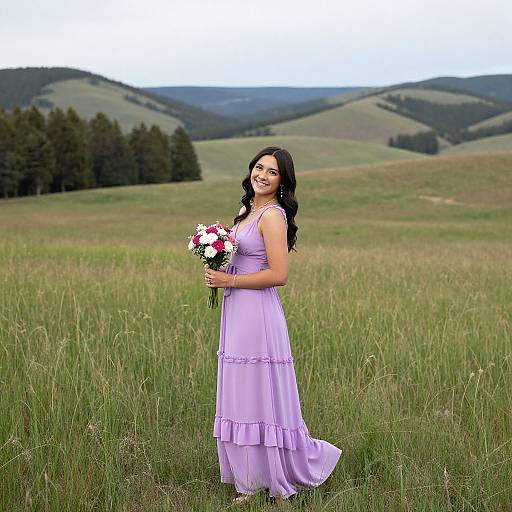 Photograph of a smiling woman with long black hair in a flowing lavender dress, holding a bouquet of pink and white flowers, standing in a green me
