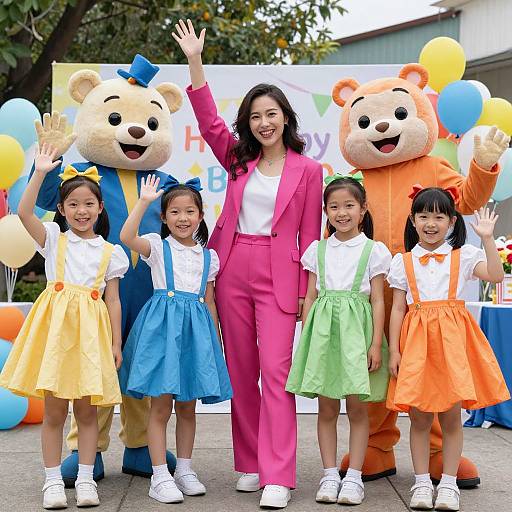 Photograph of a smiling Asian woman in a pink suit, flanked by four laughing Asian girls in colorful dresses, waving beside two large bear mascots