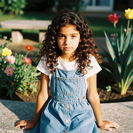 Young Girl in Sunlit Flower Garden