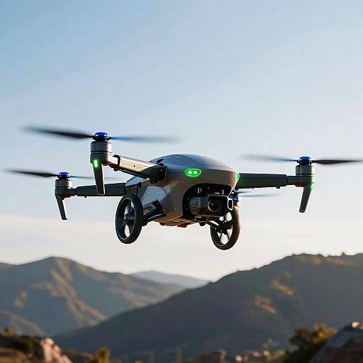 Futuristic Drone Hovering Over Mountains