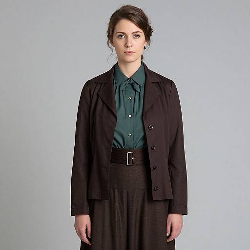 Photograph of a young woman with fair skin, dark hair in a loose bun, wearing a black coat over a teal shirt and black skirt, standing