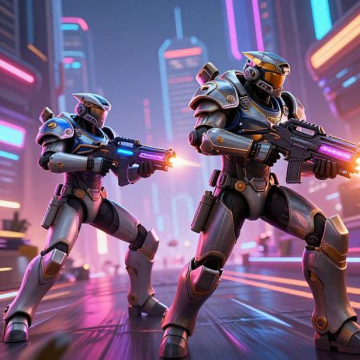 CGI image of two futuristic, armored soldiers with glowing guns, standing in a neon-lit, cyberpunk city street, ready to fire. Bright