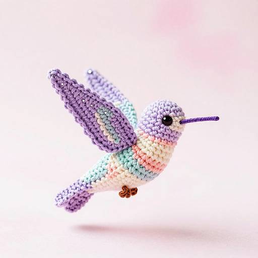 Colorful mosaic hummingbird in mid-flight, featuring purple, pink, and teal hues, with a black eye and purple beak, set against a