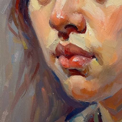 Close-up digital painting of a person's face with vibrant, textured brushstrokes highlighting their nose, lips, and partial cheek, blending warm and cool