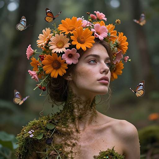 Photograph of a fair-skinned woman with a flower crown of orange and pink sunflowers, surrounded by butterflies in a forest. Moss covers her shoulders