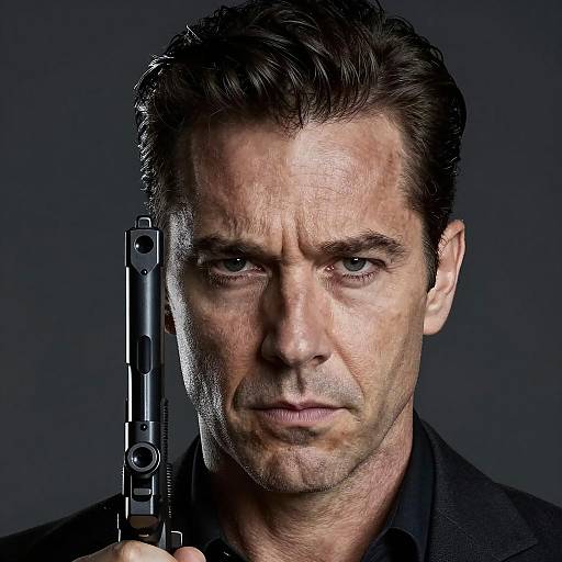 Intense Man with Gun in Dark Setting