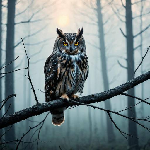 Owl Perched on Branch in Misty Forest