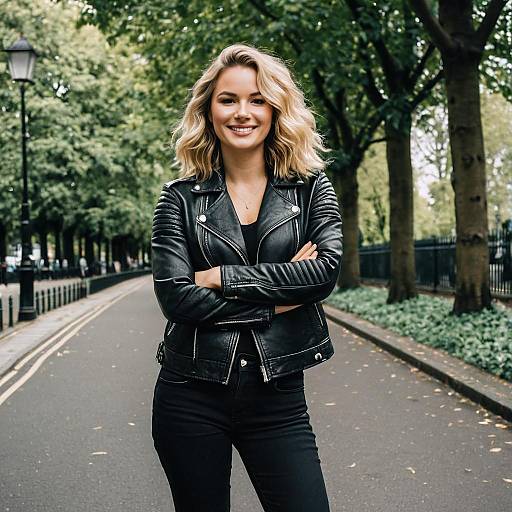 Confident Woman in Leather Jacket on Urban Street