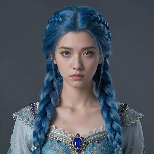 Young Woman with Blue Braided Hair in Fantasy Costume