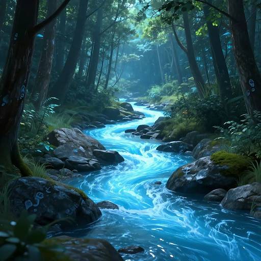 Digital illustration of a glowing, electric blue forest stream flowing through dense, misty trees with moss-covered rocks and vibrant green foliage.
