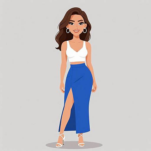 Digital illustration of a smiling woman with long brown hair, wearing a white crop top, blue high-waisted skirt with a thigh-high slit, white