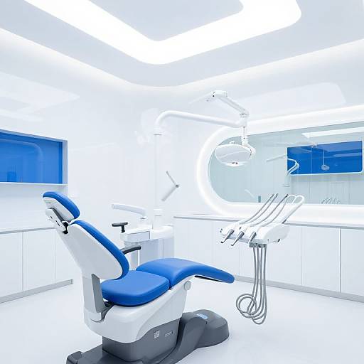 Photograph of a modern, white and blue dental office featuring a blue cushioned dental chair, bright white ceiling lights, and sleek, minimalist design elements