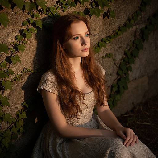 Photograph of a fair-skinned, red-haired woman with green eyes, in a white lace dress, sitting against a vine-covered stone wall, illuminated