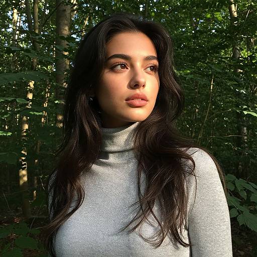 Photograph of a young woman with long black hair, wearing a light gray turtleneck, standing in a sunlit forest, looking to the side