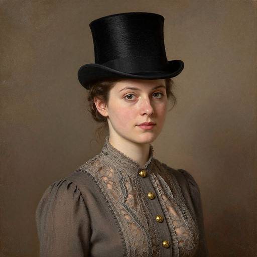 Victorian-era photograph of a fair-skinned woman with brown hair, wearing a black top hat and lace-trimmed brown dress with gold buttons.
