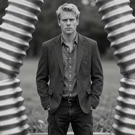 Serious Blonde Man Framed by Metal