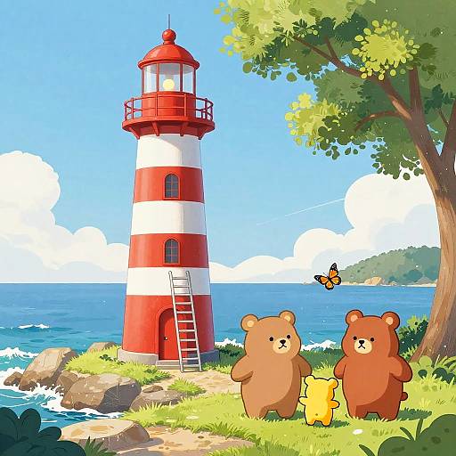 Bright digital illustration of a red-and-white lighthouse by the sea, with two brown bears and a yellow bear beside a tree, a butterfly flying nearby