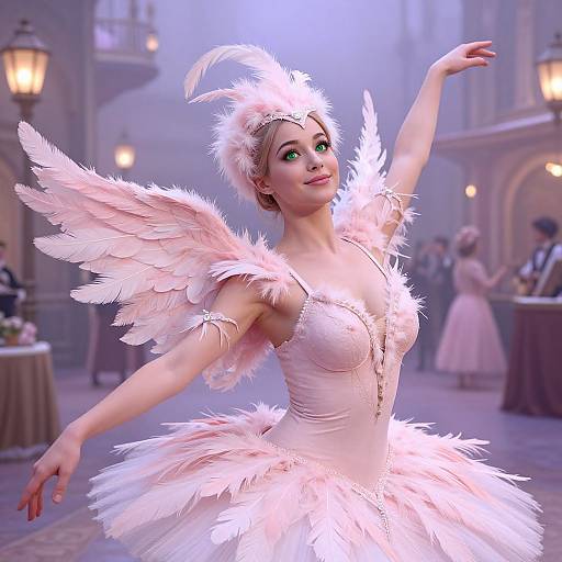 CGI image of a blonde ballerina with green eyes, wearing a pink feathered tutu and wings, dancing gracefully in a misty,