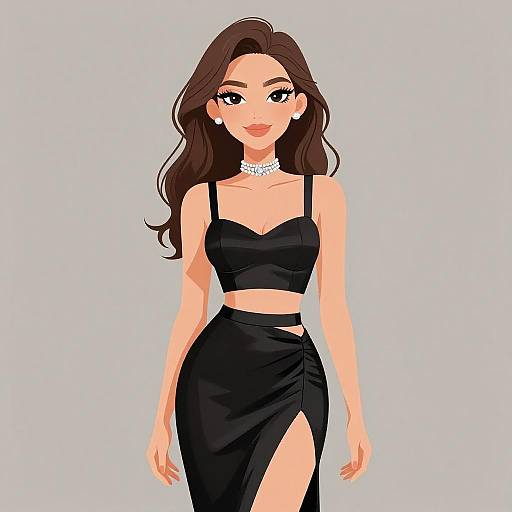 Digital illustration of a beautiful woman with long brown hair, wearing a black crop top and high-slit skirt, white choker, and pearl earrings,