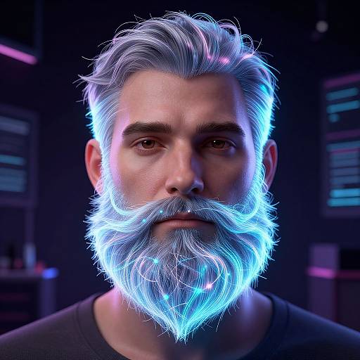 Photorealistic CGI of a man with glowing, neon blue silver hair and beard, wearing a black shirt, set against a dark, futuristic background.