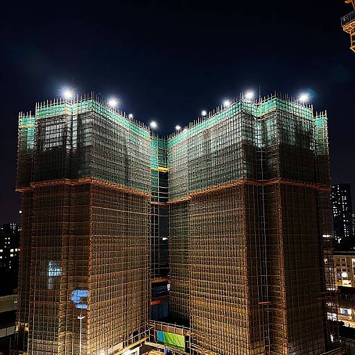Photograph of a tall, rectangular building under construction at night, covered in scaffolding with bright white and green lights illuminating the top edges against a