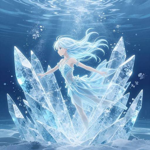 Digital anime-style artwork of a white-haired woman in a glowing ice dress, surrounded by radiant, crystalline ice shards in a dark blue underwater-like background