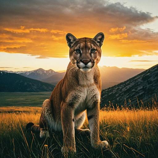 Cougar Sitting in Mountain Meadow at Sunset