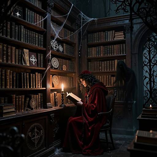 Medieval sorcerer in red robe reads ancient book in dimly lit, spell-casting library with candles, bookshelves, and glowing magical symbols