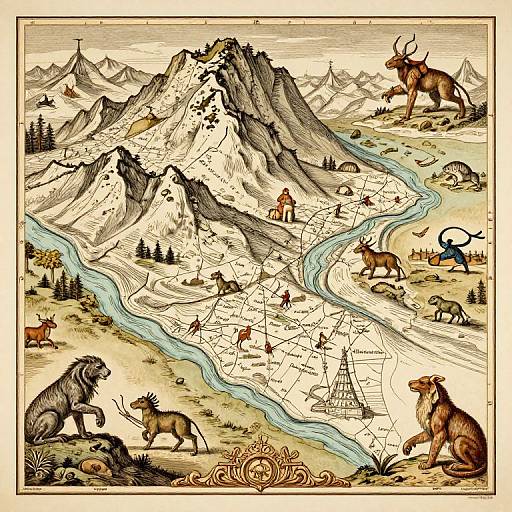 Illustrated map-style drawing of a mountainous landscape with winding river, featuring various animals like deer, elk, and wolves, and a small town with